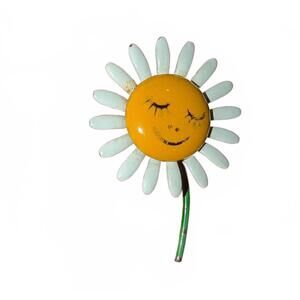 Vintage Daisy Enamel Flower Pin Brooch with Smiling Face